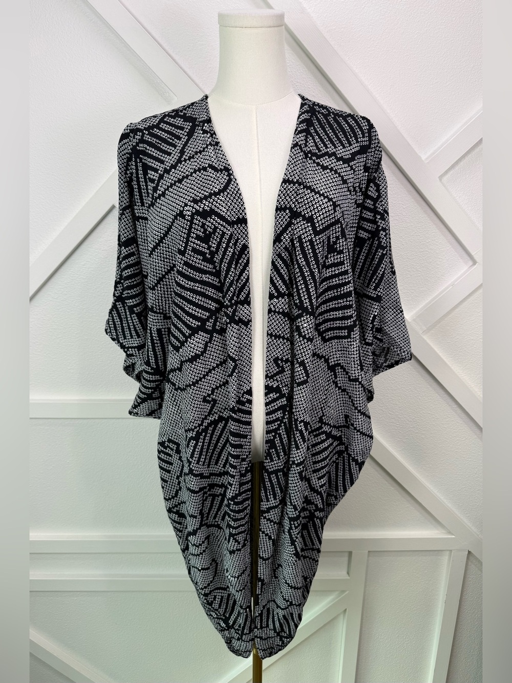 Anthropologie Bel Kazan Black White Geometric Kimono Cardigan Duster Boho OS